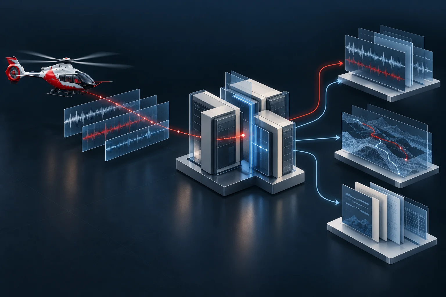 Conceptual illustration — Aircraft recordings routed through a modular processing hub to engineering outputs.